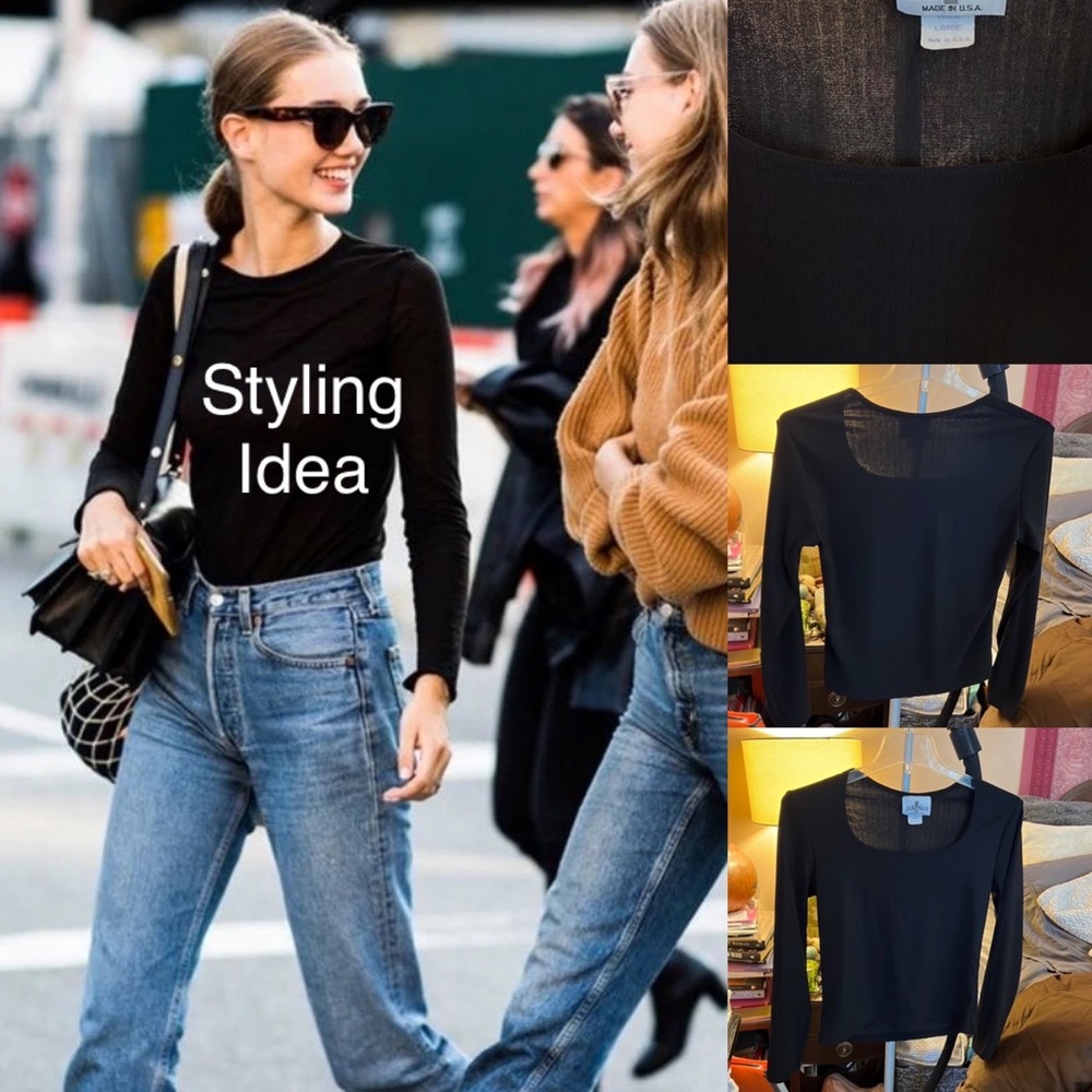 SALE!! DEAL!! Vtg. Y2K MINIMALIST Black Mini-Rib Long Sleeve Fitted Stretch Top﻿